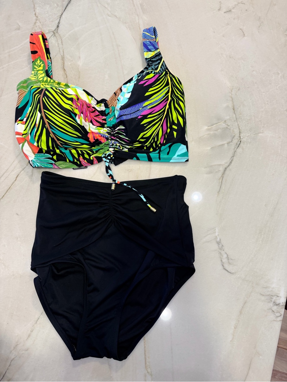 NWOT Coco Reef Tropical Print Bikini Top with High Waist Black Bottoms